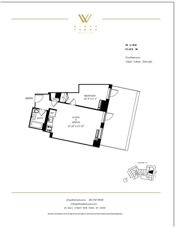 1 Bed apartment at 63-67 Wall Street, Unit 63-1614, Financial District, photo 1 of 3
