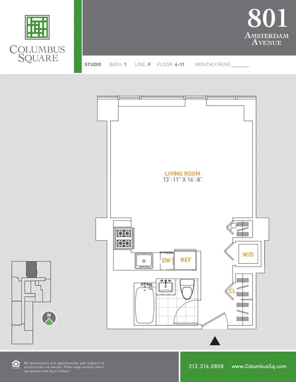 Studio apartment at 801 Amsterdam Avenue, Unit 7F, Upper West Side, photo 1 of 3