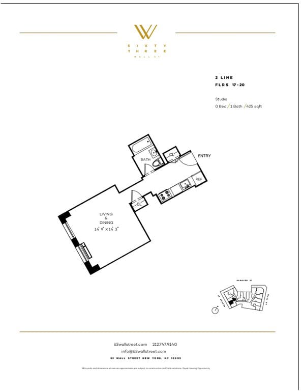 0.5 Bed apartment at 63-67 Wall Street, Unit 63-1702, Financial District, photo 1 of 1