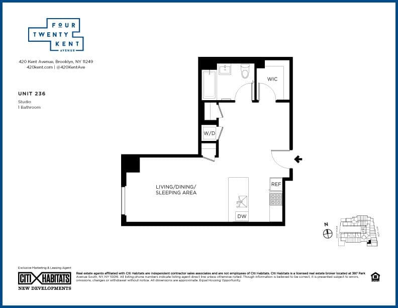 Studio apartment at 420 Kent Avenue, Unit 236, Williamsburg, photo 1 of 1