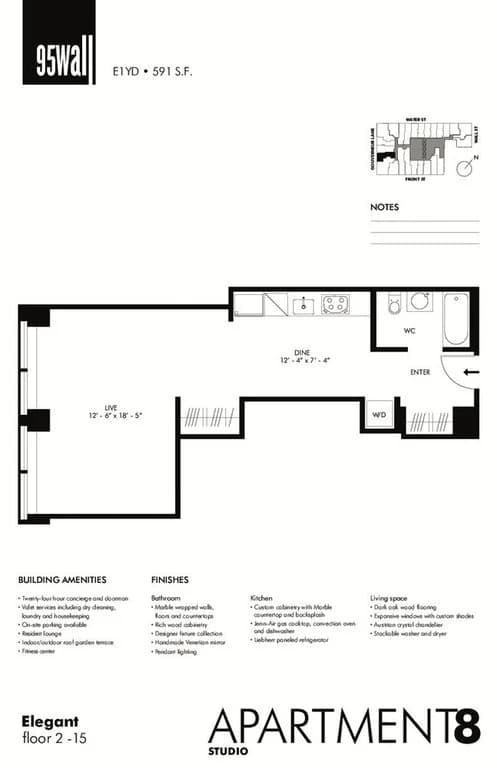 Studio apartment at 95 Wall Street, Unit 208, Financial District, photo 1 of 3