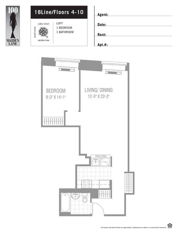 1.5 Bed apartment at 100 Maiden Lane, Unit 918, Financial District, photo 1 of 1