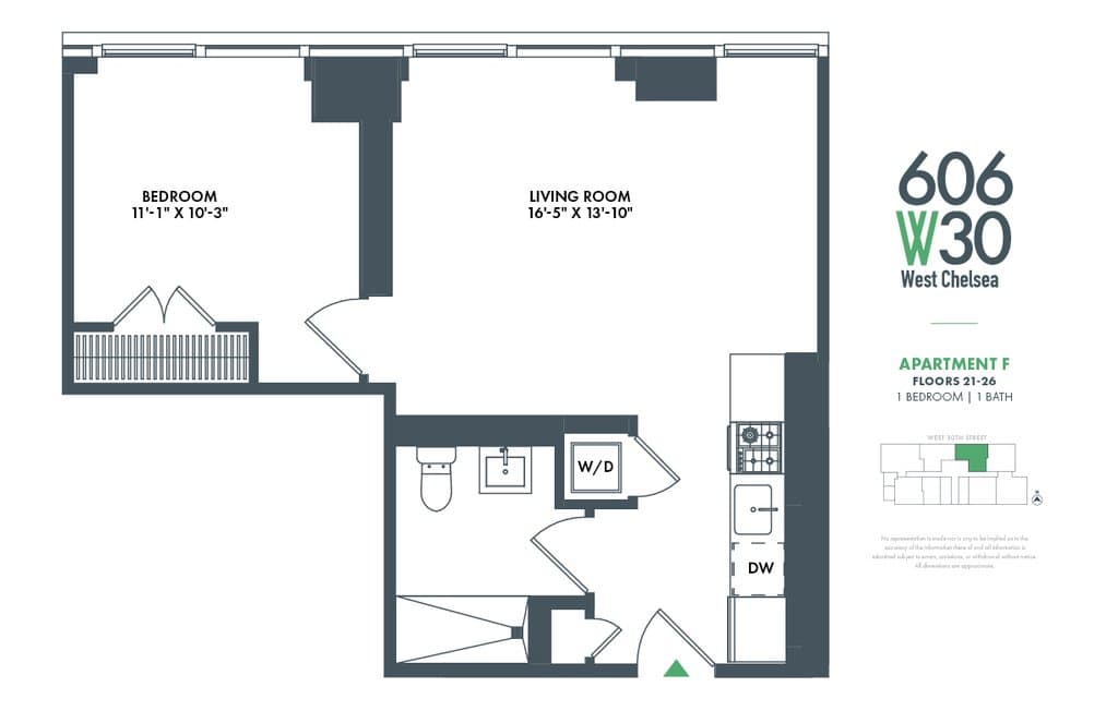 1 Bed apartment at 606 West 30th Street, Unit 22F, Hudson Yards, photo 1 of 1